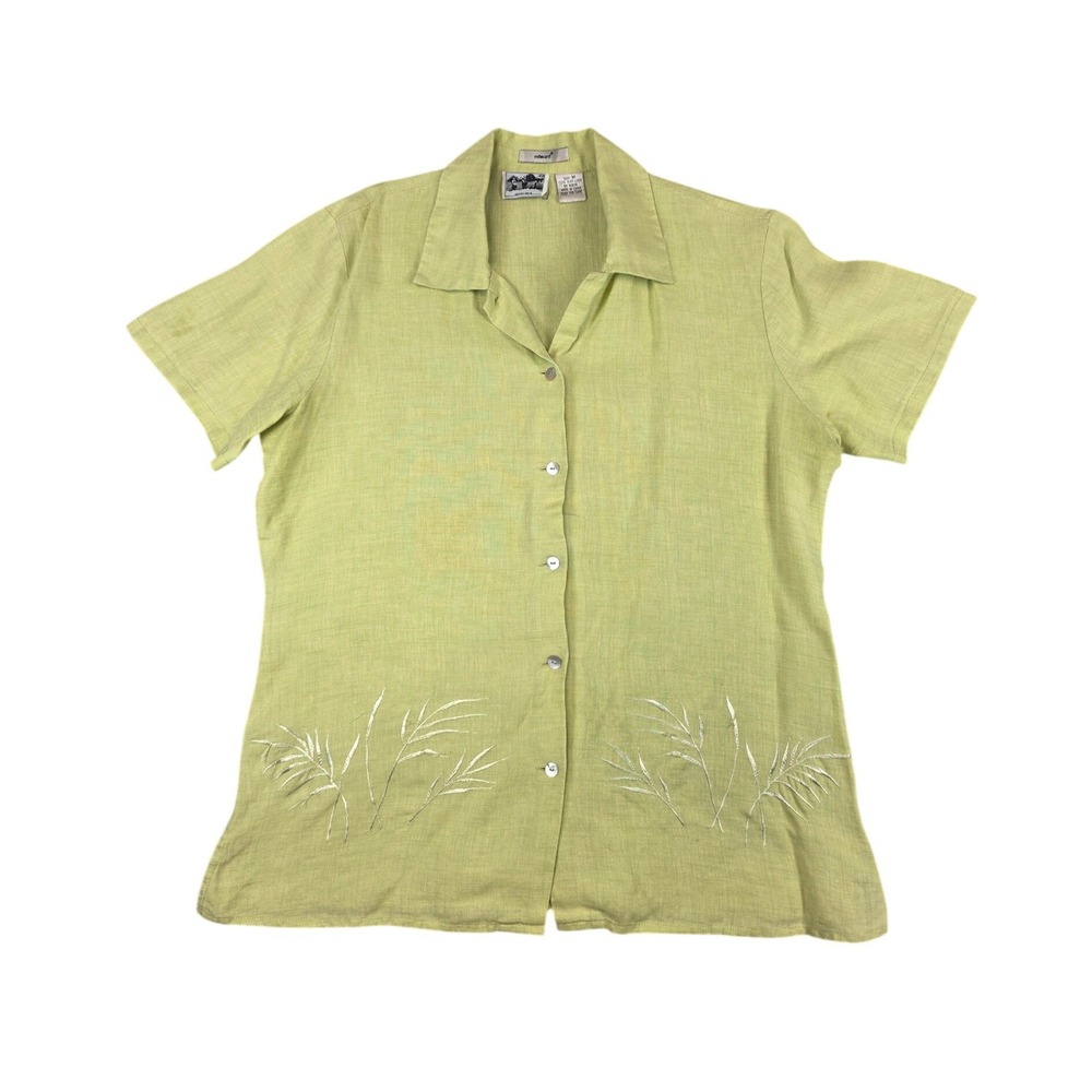 Edward Button Front Top Women M Green Irish Linen Embroidered Tropical Coastal